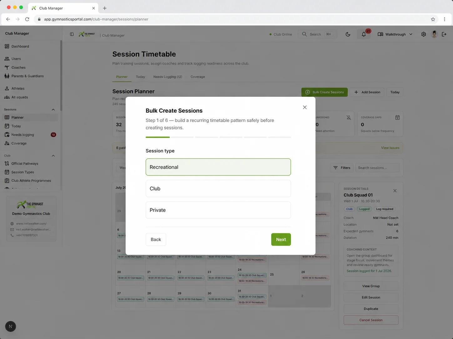 Pianificazione e registrazione sessioni in The Gymnast Portal